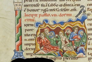Die sieben Schläfer von Ephesos in einer Darstellung aus der Weissenauer Passionale, zwischen 1170 und 1200 (Fondation Bodmer, $coligny, Cod. Bodmer 127, fol 125 v)